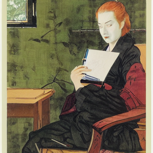 prompthunt: portrait of mascha kaleko ( 1 9 4 0 ) writing poems, color  hanafuda oil on canvas by ivan shishkin, james jean and yoji shinkawa