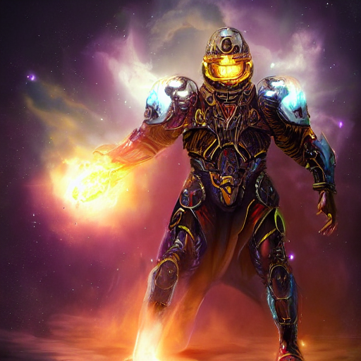 prompthunt: photorealistic fantasy cosmic concept art of a cosmic god with  armor made out of planets and dark matter, hovering in a unknown galaxy,  fully body portrait, cinematic, dynamic lighting, ultra detailed,