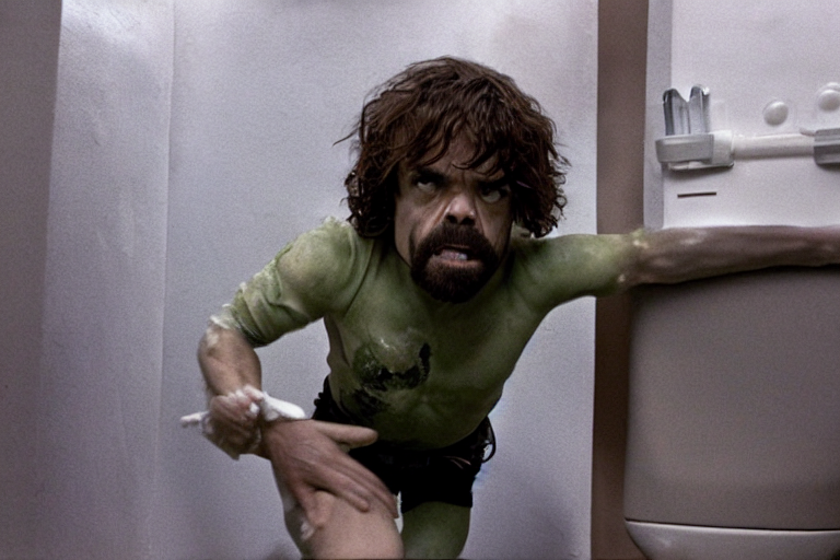 prompthunt peter dinklage climbing out of a toilet, movie still, from
