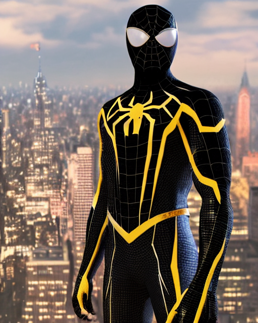 prompthunt: photorealistic, hyperdetailed photograph of black spider - man  suit with gold webbing by insomniac games