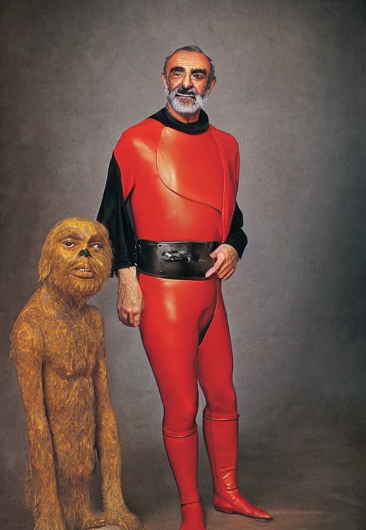 prompthunt: The full figure portrait is of the actor sean connery. He is  wearing the red leather mankini from the film zardoz. He has a thick black  moustache and a long plait