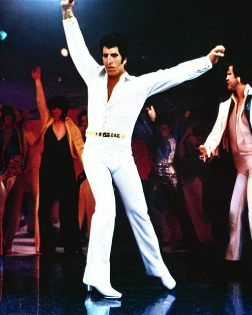 prompthunt: john travolta as white suited tony manero in saturday night  fever dancing at a disco with an multicolored illuminated floor, cinematic,  1 9 7 0 s style