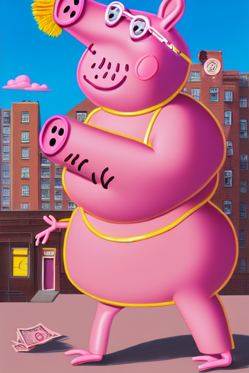 prompthunt: a highly detailed beautiful portrait of Peppa Pig in Harlem  wearing bikini and shades, full glossy lips, counting a money in front of  project building, highly detailed, 2d game fanart behance