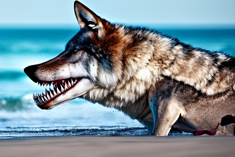 professional photo of a shark body and canine wolf muzzle head half wolf half shark strange chimera discovered on the beach