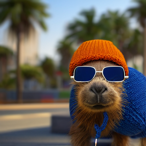 prompthunt: a photorealistic photograph of a knitted cute Capybara wearing  sunglasses and dressed in a blue beanie cap in addition to riding on a  black motorcycle in Hollywood at dusk. Palm trees