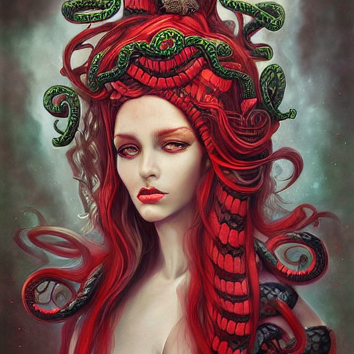 realistic mythological greek medusa with red snakes on the head full body, by anna dittmann