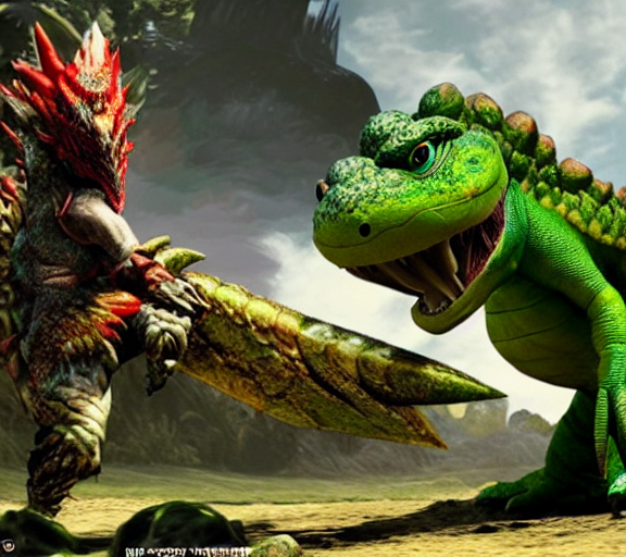 prompthunt: yoshi in monster hunter, green dinosaur