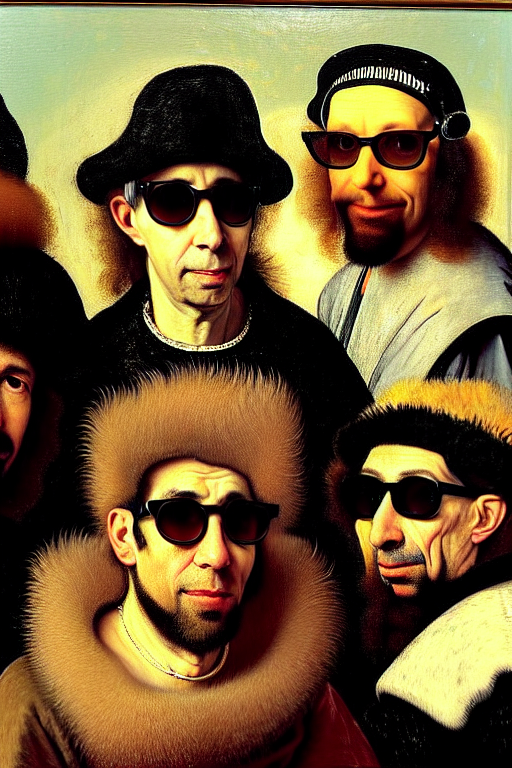 prompthunt: high quality celebrity portrait of beastie boys wear king  sunglasses painted by the old dutch masters, rembrandt, hieronymous bosch,  frans hals, symmetrical detail