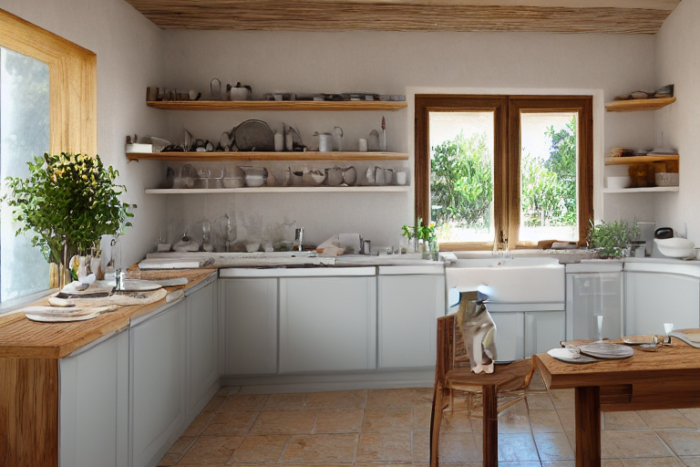 prompthunt: Photography of modern Provence style kitchen, cat on the table,  photorealism,