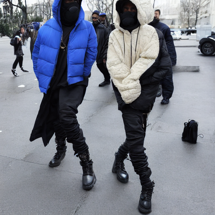 prompthunt: a action figure of kanye west using full face - covering black  mask with small holes. a small, tight, undersized reflective bright black  round puffer jacket made of nylon. a shirt