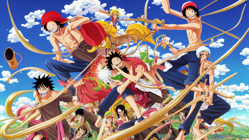 An anime-inspired artwork of one piece characters at sundown