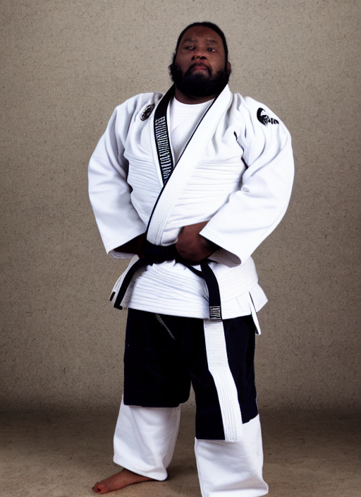 prompthunt: overweight black jiu jitsu practitioner with dreadlocks wearing  a white gi in a martial arts school, black man, standing full shot, real  photo