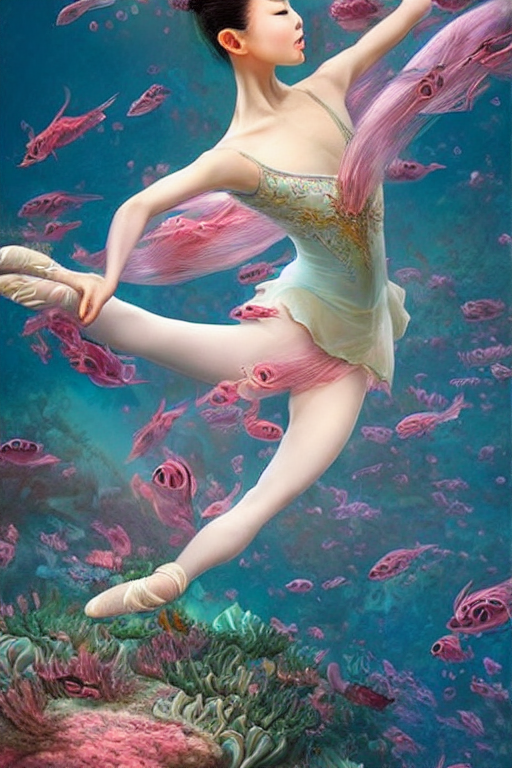 prompthunt: stunningly beautiful, asian prima ballerina at the bottom of  the great barrier reef, smooth, focus, highly detailed, hyper realistic,  dramatic lighting, intricate, concept art, art by wlop, mars ravelo