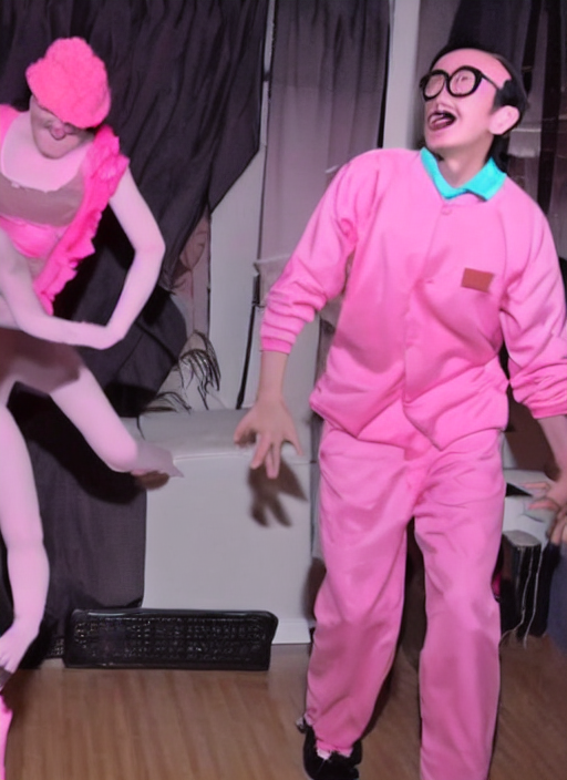 prompthunt: goji singing in an scenario while filthy frank dances next to  him in a pink outfit