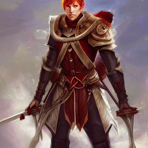 D&D portrait male half elf artificer with red hair, wearing a white coat and half-plate armor, carrying a crossbow, artstation, digital illustration by Chris Rallis