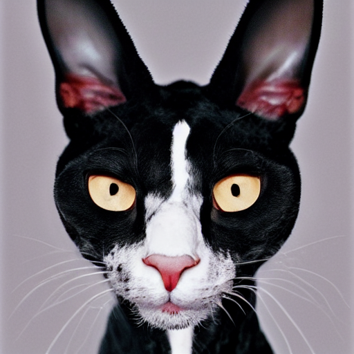 a portrat of black cornish rex cat with gold chain