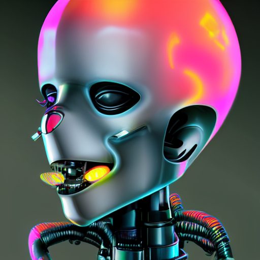 hyperdetailed portrait of an atompunk robot head, 8 k, symetrical, flourescent colors, halluzinogenic, black background