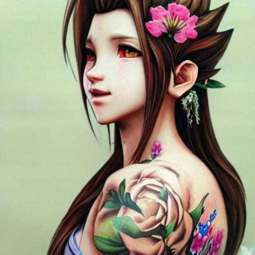 concept art of aerith gainsborough with tattoos, amongst flowers, high quality, detailed, trending on artstartion