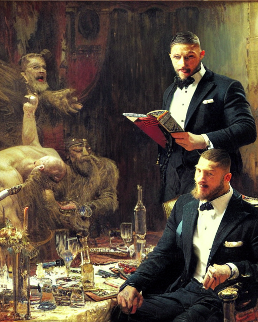 prompthunt: tom hardy ( ( ( beard ) ) ) clean - shaven, reciting poetry to  a room full of businessmen, painting by gaston bussiere, craig mullins, j.  c. leyendecker