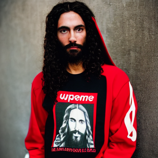 prompthunt: a photo of jesus wearing a supreme t - shirt underneath a gucci  hoddie, 4 k, highly detailed