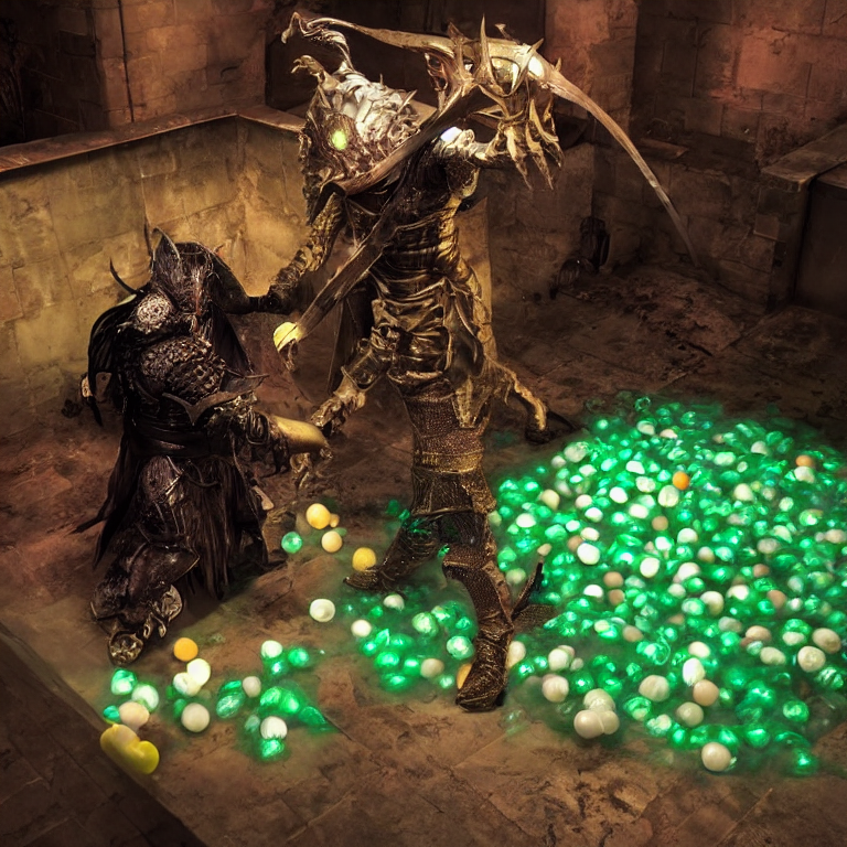 prompthunt: A dark souls character fighting a scary monster in a ball pit,  fluorescent lighting