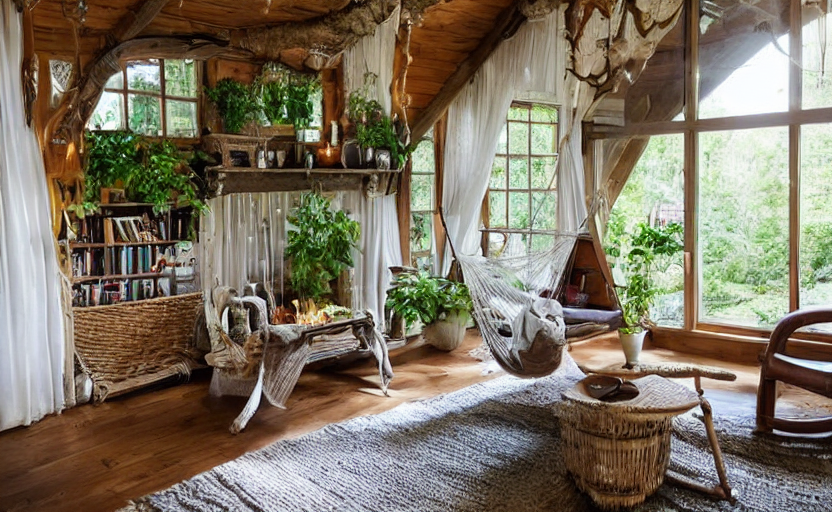 prompthunt: cottage living room interior with a hammock and a witch  cauldron, sunny, natural materials, rustic wood, window sill with plants,  vines on the walls, dried herbs under the ceiling bookshelves, design