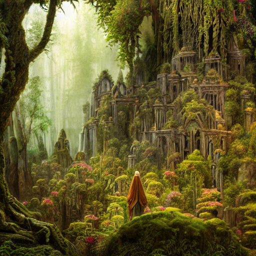 prompthunt: a beautiful and highly detailed oil painting of an elven forest  temple in the misty mountains, detailed plants and trees and flowers,  intricate details, epic scale, insanely complex, 8 k, sharp
