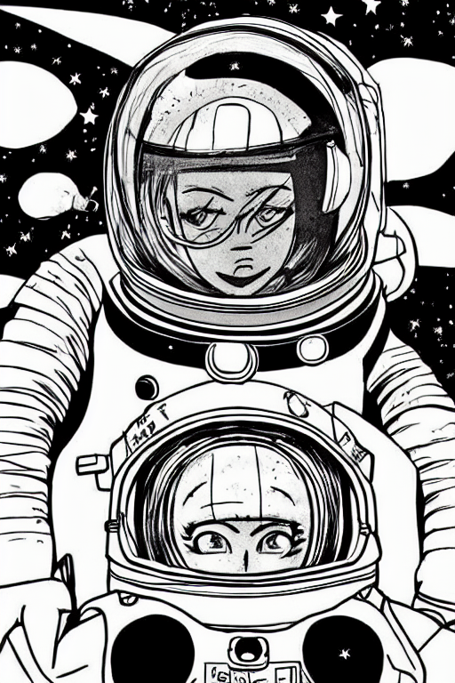 prompthunt: manga portrait of a woman wearing a space helmet, akira  toriyama, lineart, black and white, scifi, big clouds visible in the  background, stars in the sky, high contrast, deep black tones