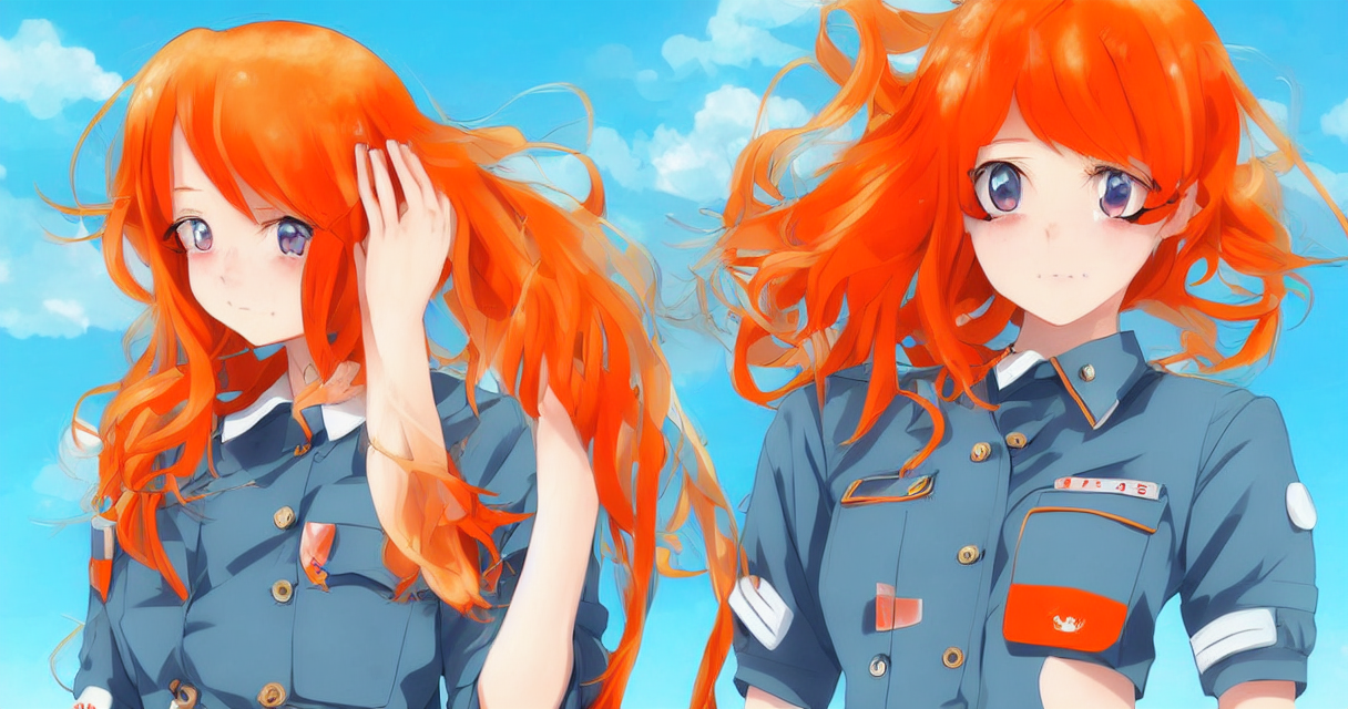 very beautiful young anime girl with orange hair, dressed in soviet pioneer uniform, full body, long wavy blonde hair, sky blue eyes, full round face, bikini, miniskirt, front view, middle, highly detailed, colored manga drawing by wlop popular on artstation