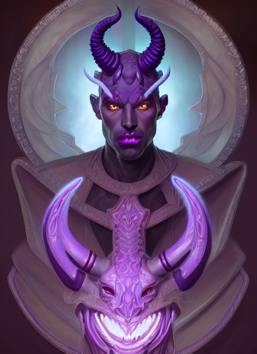 symmetry!! portrait of a male purple and teal skinned tiefling with demon horns and piercings, glowing lights!! intricate, elegant, highly detailed, digital painting, artstation, concept art, smooth, sharp focus, illustration, art by artgerm and greg rutkowski and alphonse mucha