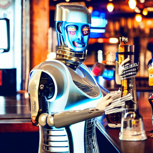 prompthunt: humanoid robot bartender serving beer in a cyberpunk pub