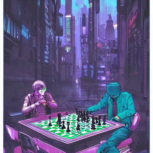 Cyberpunk chess board over cityscape