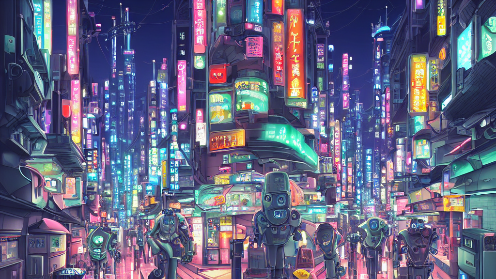 prompthunt: street view of futuristic robot tokyo city at night by cyril  rolando and naomi okubo and dan mumford and ricardo bofill. robots. robots  walking the streets. advertisements for robots. robot shiba