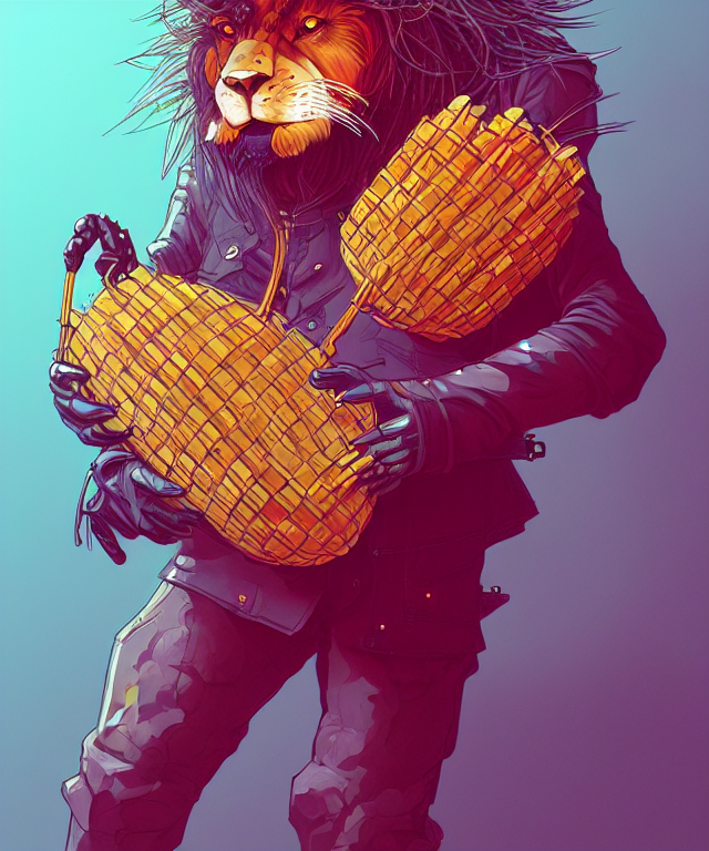 prompthunt: a portrait of an anthropomorphic cyberpunk lion holding a fruit  basket, fantasy, elegant, digital painting, artstation, concept art, matte,  sharp focus, illustration, art by josan gonzalez
