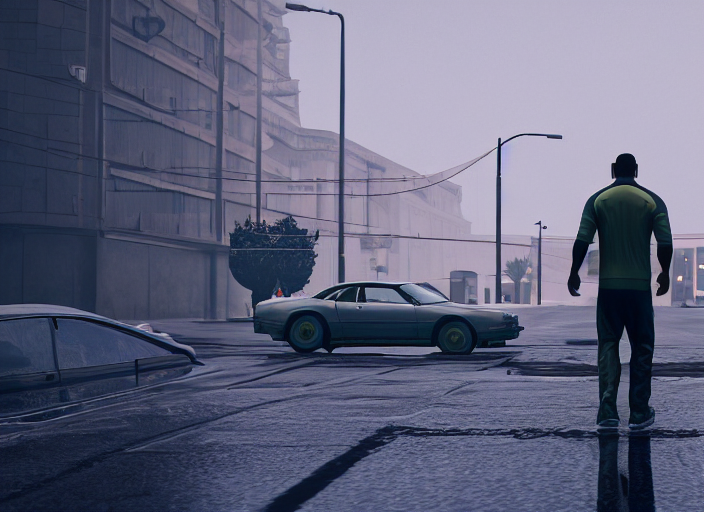 prompthunt: cinematic screenshot gta 5, rain, man in adidas tracksuit,  churches, buildings, road, moskvich, rtx, volumetric light, 3 d artist,  reflections, moscow, soviet apartment buildings, award winning, artstation,  intricate details, realistic ...