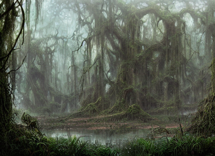 prompthunt: matte painting of a huge swamp, overgrown with lush vines ...