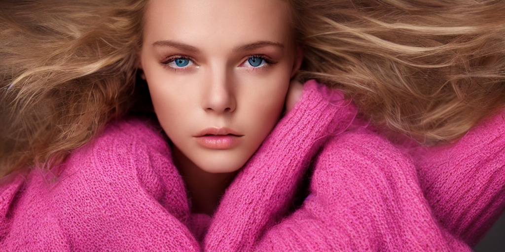 young blonde female model wearing pink sweater, portrait, neck zoomed in, photo realistic, slr, studio lighting, golden hour, 4 k, high definition