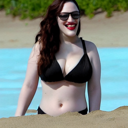prompthunt: Kat Dennings relaxing on the beach wearing a bikini and laughing