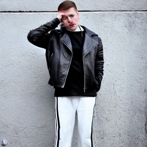 prompthunt: gopnik in a black leather jacket, white Adidas pants, white  Фвшвфы sneakers.