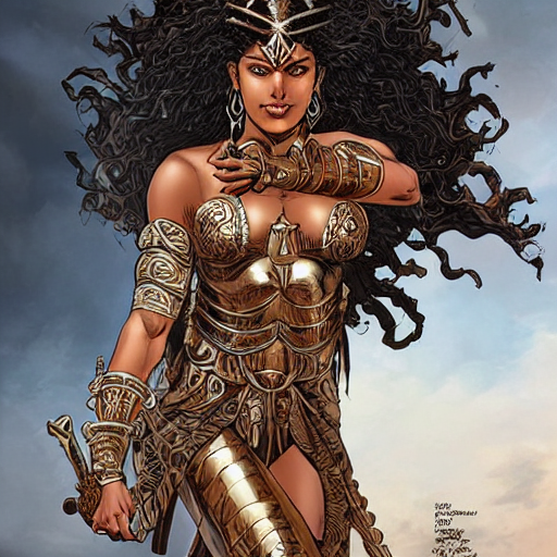 prompthunt: greek amazon warrior, a tall beautiful woman with brown skin  and long curly dark hair, dressed in hellenistic body armour, intricate,  elegant, highly detailed, smooth, sharp focus, detailed face, high contrast,