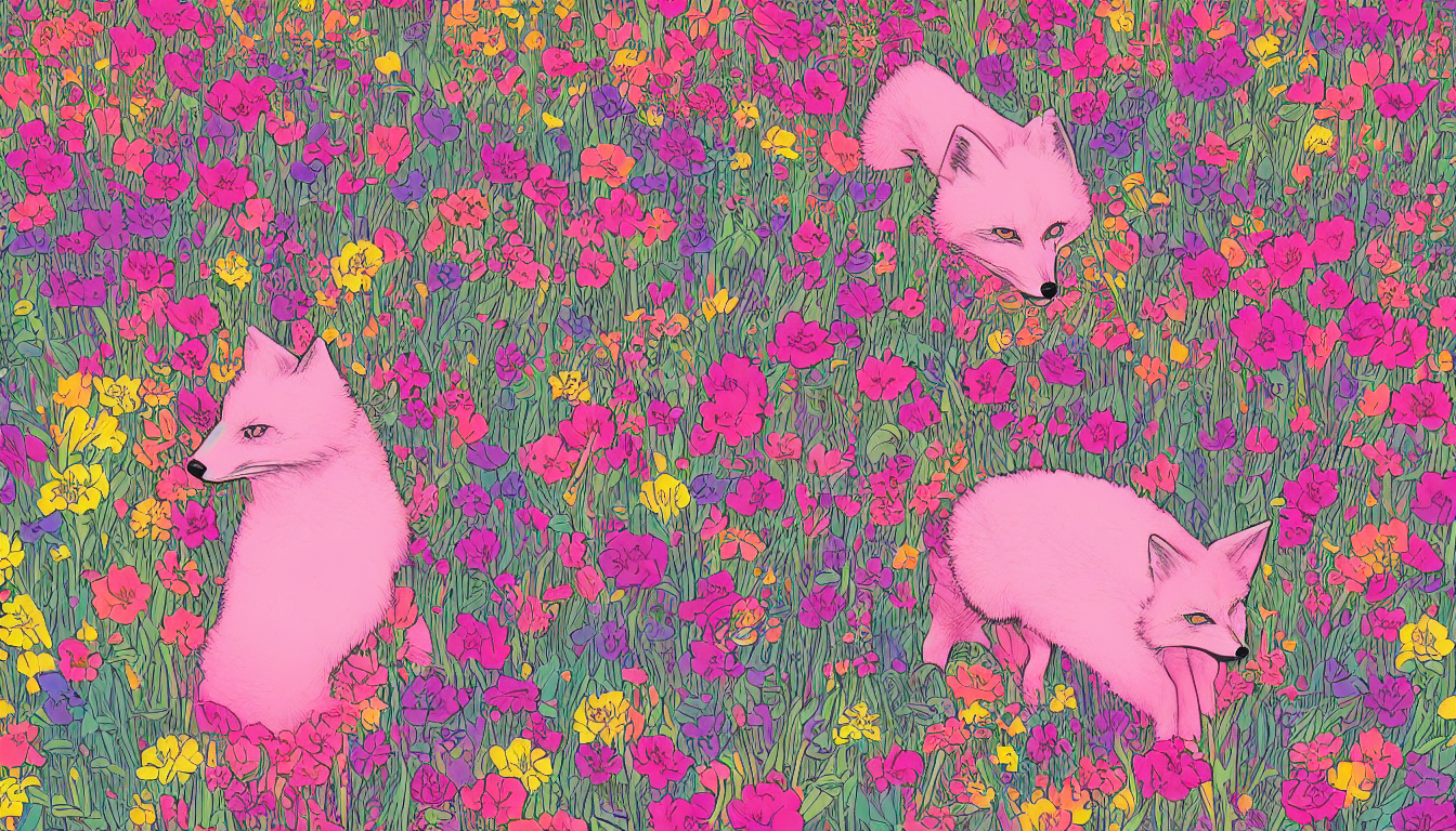 prompthunt: pink fox head popping out of a field of multi colored flowers  by Kilian Eng