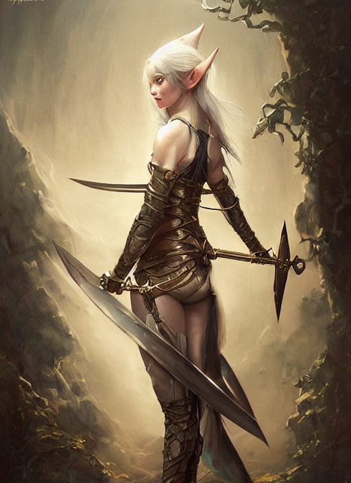 prompthunt female elf with two swords in her hands, painted by artgerm