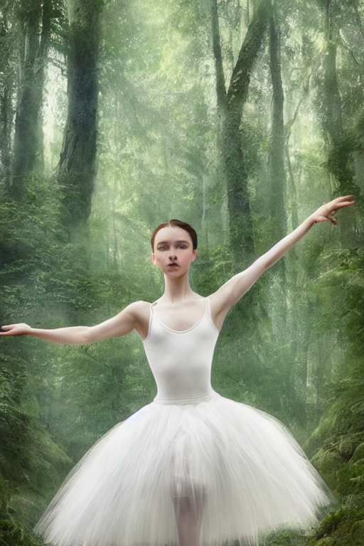 prompthunt: a beautiful prima ballerina in white dress in a forest,  inspired by thomas eakes & greg rutkowski & xiang duan, perfect symmetry,  magic realism, post - processing, extremely hyper - detailed,