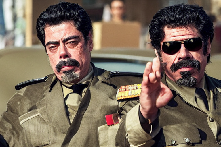 prompthunt: Benicio Del Toro as Saddam Hussein in 'SadDamn Hussling 2'  (2024), movie still frame, promotional image, imax 70 mm footage, oscar  nominated cinematography, volumetric lighting, 8k resolution