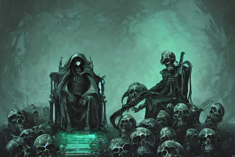 prompthunt Grim reaper sitting on a throne made of skulls wide