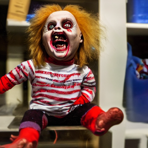 prompthunt: a screaming chucky doll made of milano glass sitting in a shop  in venice