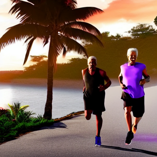 prompthunt: morgan freeman and johnny depp running on a treadmill on a  tropical island purple with a sunset, 4k hyperrealistic