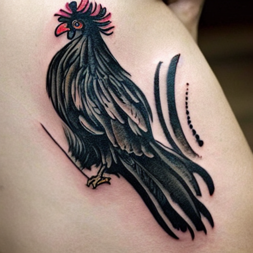 prompthunt: A small tattoo of a black rooster. The black chicken is holding  smoking a large cannabis blunt in its mouth