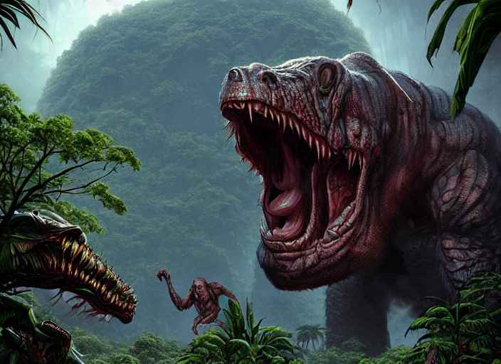 704px x 512px - prompthunt: giant monstrous aggressive scaled creature screaming at the  camera, in the background a jungle, epic science fiction horror digital  matte painting by Moebius and Mark Brooks (and Greg Rutkowski), extremely  detailed,