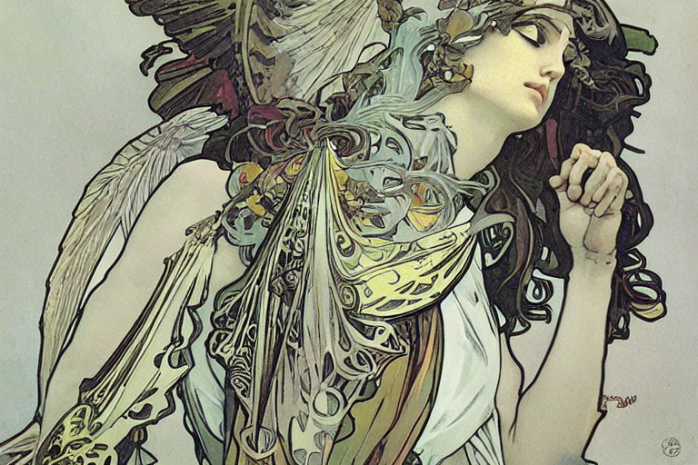 prompthunt: A Nike Goddess of Victory with wings by Alphonse Mucha and Yoji  Shinkawa in the syle of Art Noveau